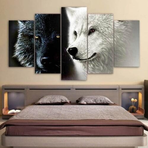 HD Printed 5 Piece Canvas Art Abstract Black White Wolf Couple Painting Wall Pictures for Living Room Free Shipping