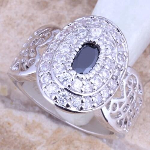 Jolly Black Onyx White CZ Silver Plated Womens Ring Size 6 / 7 / 8 / 9 R1315