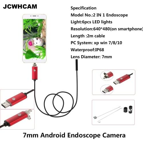 JCWHCAM 7mm HD 480P 2M 6 Led USB Endoscope Camera IP67 Waterproof OTG Android Inspection Camera for Andriod Phone Computer