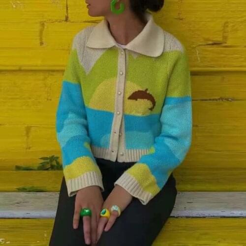 YiYiMiYu High Quality Women Winter Cardigans with Turn-down Collar Seaside Scenery Print Long Sleeve Knitted Outwear Green Coat