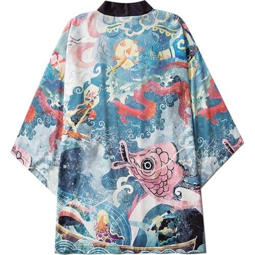 Japanese Anime Kimono Men Casual Loose Shirts Open Front 3/4 Sleeve Japanese Ethnic Shirts Print Cover Up Cardigan Blusas Camisa