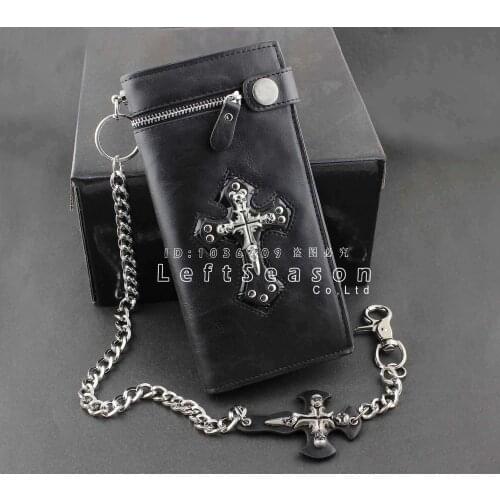 Mens Punk Skulls Cross ID Card Money Black Leather Zipper Wallet With A Chain