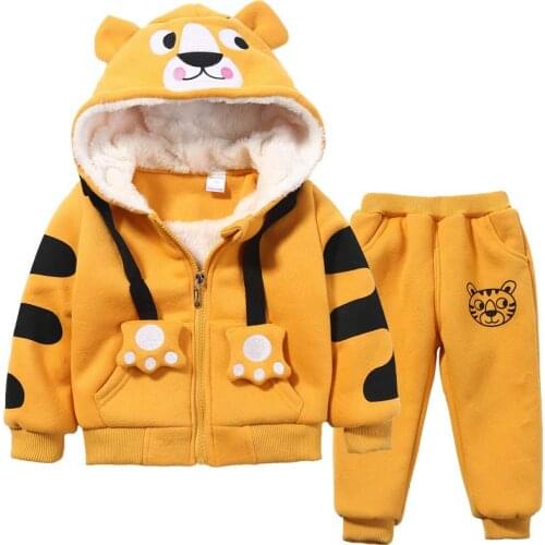 Cute Boys Girls Cartoon Tigers Clothing Suits Baby Plus Velvet Hoodies Pants 2Pcs Sets Kids Toddler Winter Sports Clothes 1-5Yrs