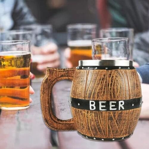 550ml Oak Barrel Style Beer Mug Simulation Wooden Barrel Beer Cup Double Wall Drinking Mug Metal Insulated as Christmas Gift