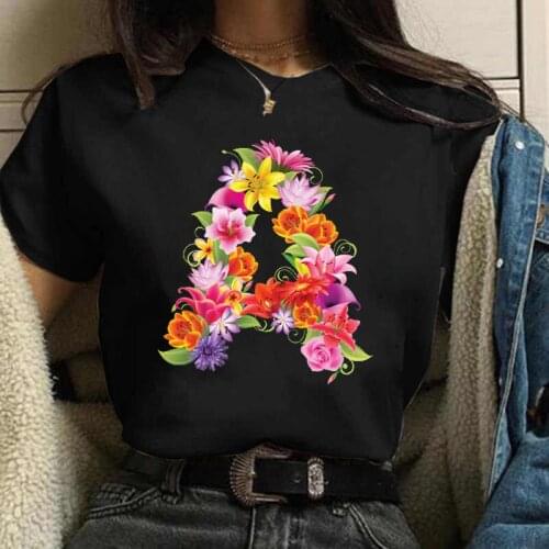 Custom Name Letter Combination Fashion Women T-shirt Flower Letter Font A B C D E F G Short Sleeve Tops Black T-shirt Clothing