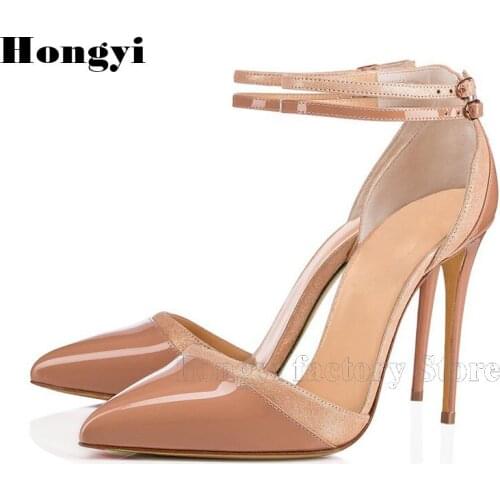 New arrival Nude Patent Leather Pointed Toe pumps Women High Heel Straps Buckle Party Shoes