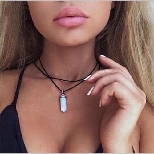 Hexagonal Column Necklaces Natural Crystal Pendant Stone Pendant Leather Necklace Mens And Womens Fashion Jewelry