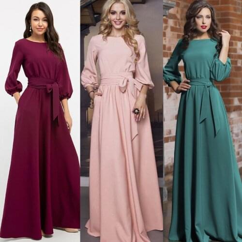 Vintage Bow Tie Maxi Long Green Dress Women Lantern Sleeve Elegant Bandage Dress2020 Solid O Neck Boho Floor-Length Dress Female