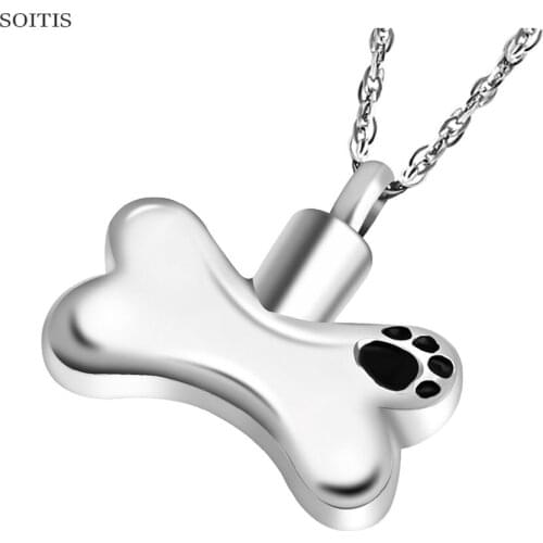 SOITIS Novelty Cremation Jewelry Bone Shaped Keepsake Pendant Dog Paw Print Decorative Carving Urn Memorial Necklace for Dog