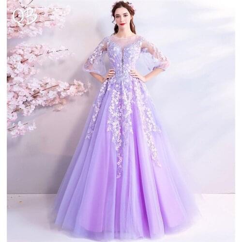 Purple A-line Sleeves Tulle Lace Flowers Beaded Luxury Elegant Evening Dresses 2020 New Fashion Bride Party Prom Dress XH103