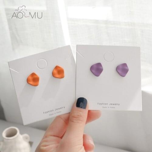 AOMU 2020 New S925 Geometric Irregular Purple Orange Simple Matte Metal Candy Color Small Stud Earring for Women Party Jewelry