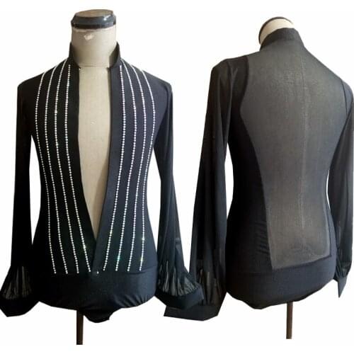 Mesh Yarn Strip Drill Big V-Neck Professional Latin Dance Competition Tops Men Tango Salsa Cha Cha Performance Clothes DNV13508