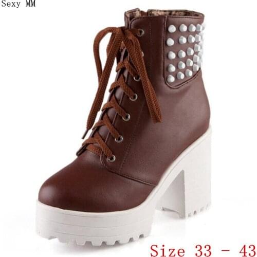 Spring Autumn Platform Square High Heels Ankle Boots Women Short Boots Ladies Shoes botas botte femme Plus Size 33 - 43