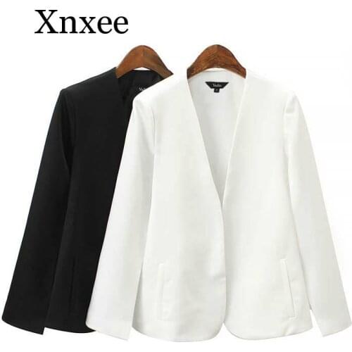 Xnxee women elegant black white V neck coat pockets office wear solid outerwear female casual chic open stitch tops