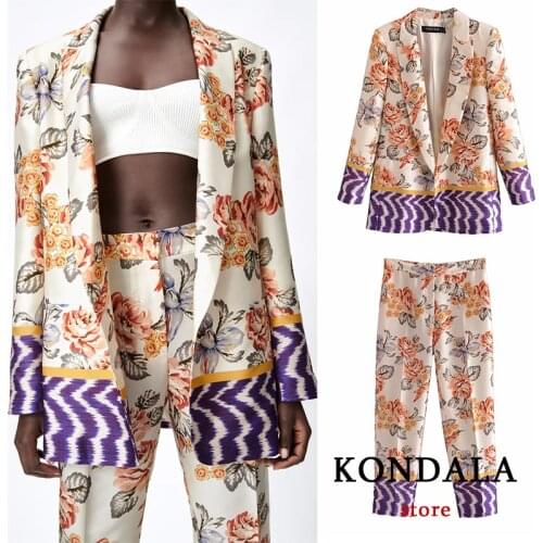 Za 2021 Vintage Chic Floral Women Suits Oversized V Neck Long Sleeve Blazer and High Waist Straight Elastic Pants 2 Pieces Suits
