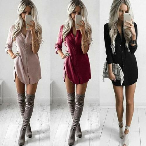 US Women Fashion V Neck Long Sleeve Blouse Button Down Top Shirt Casual Loose Mini Dress 2019 New