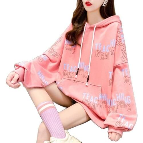 Plus Size Womens Hoodie And Pullover 2021 Female New Korean Loose Sweatshirt Women Spring Autumn Top Lady White pink Coat B1173