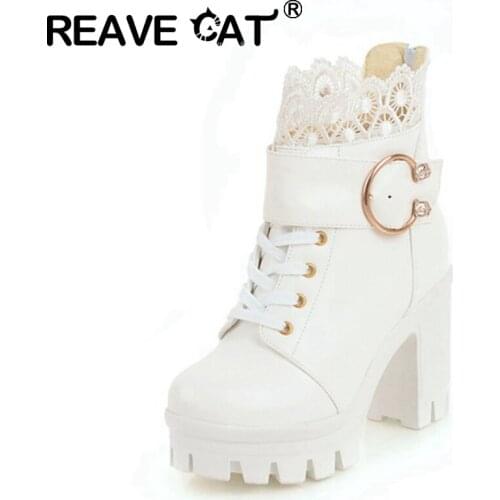 REAVE CAT 2021 Ankle Boots Stweet Platform Cosplay Metal Decoration Zip Belt Buckle Lace Up 10CM Block Heel Black White A4465