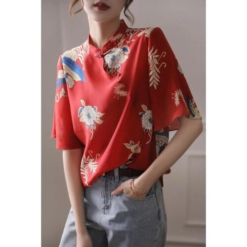 Red Retro Cheongsam Top Ladies Fashion Crane Print Cheongsam Long Sleeves Chinese Traditional Loose Stand-up Collar Shirt