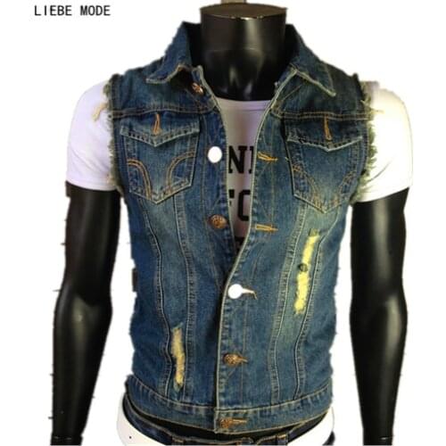 Mens Blue Denim Vest Men Summer Casual Cotton Vest Denim Men Slim Waistcoat Male Ripped Jeans Sleeveless Jacket Plus Size 5XL
