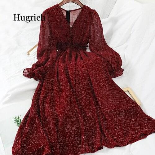 New Autumn V Neck Polka Dot Slim Chiffon Dress Button Puff Sleeve High Waist Elegant Women Mid-calf Dress