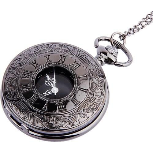 50pcs/lot Vintage Black Carved Roman Number Quartz Pocket Watches Flip Pendant Gift Watches Wholesale
