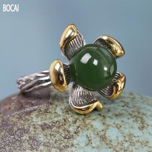 BOCAI 2021 Real s925 Silver Electroplated Gold Natural Hetian Jade, jasper Flower Ring for Woman Fashion Woman Ring Adjustment