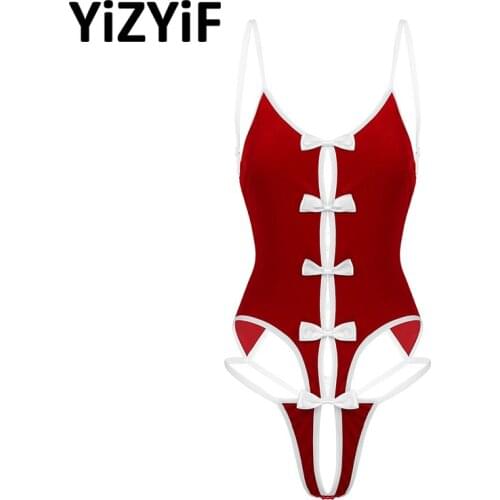 Womens Soft Velvet Christmas Costume Lingerie Bodysuit Sexy Front Bowknots Back Lace Up Crotchless Leotard Bodysuit Nightwear