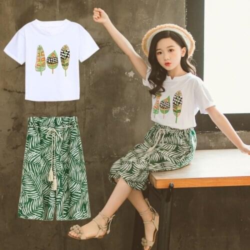 Big Girls Clothes Set Summer Cotton Casual Print T-shirt + Thin Pants Tracksuit Outfits Summer Girls 6 8 10 12 years 2pcs Sets