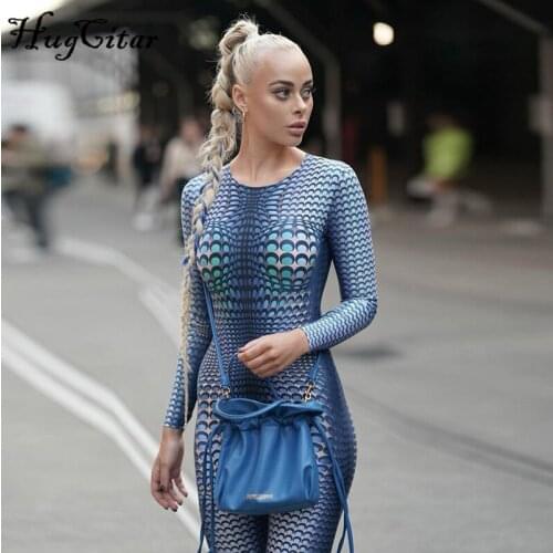 Hugcitar 2021 Women Summer Fashion Bodycon Slim 3D Printed Long Sleeve Jumpsuit Overall Female Clothing Streetwear Y2K