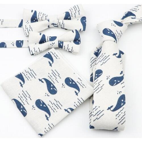 Hedgehog Boat Bear Whale Linen Neck Tie Set Family 4 pcs Suit Slim Tie Necktie Handkerchief Bowties Cravat Corbatas