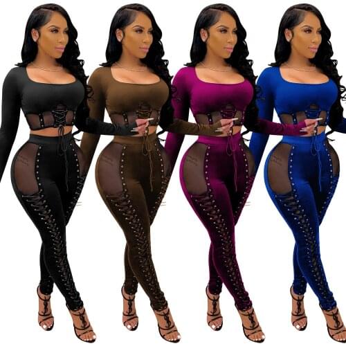 Cutubly Outfit Set Bandage Mesh Perspective Two Piece Set Fashion WomenS Autumn Winter New Sexy Night Club Party Sets