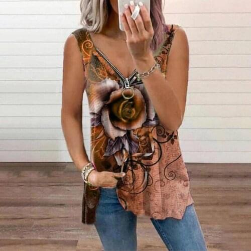 Women Tank Tops Rose Flower Vest Floral Print Sleeveless V-neck Clothes Female Zipper Fashion Casual Womens Blouse Plus Size 5XL
