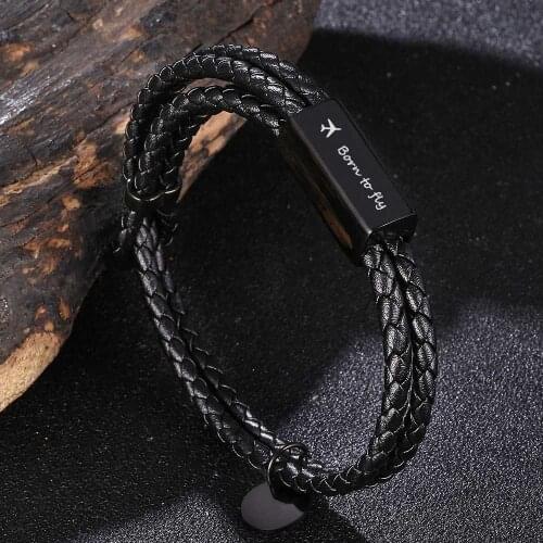 Trendy Black Genuine Leather Braided Bracelet for Men Women Length Adjustable Stainless Steel Buckle Custom Name Jewelry