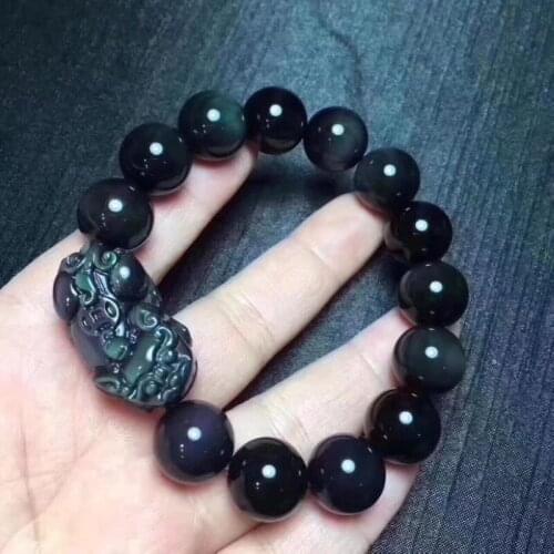 Natural crystal PI xiu of rainbow obsidian bracelet amulet round bead elastic bracelet Wealth Good Luck Bracelet Men Women Chain