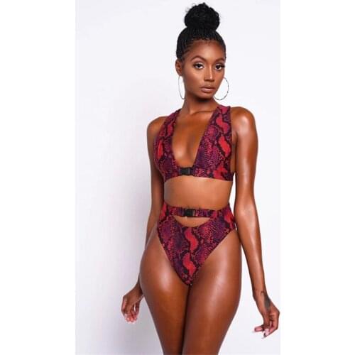 New Sexy Red Snake Print Bikini Thong High Waist Swimwear Women V Neck Push Up Bikini Swimsuit Women Brazilian Female Bikinis