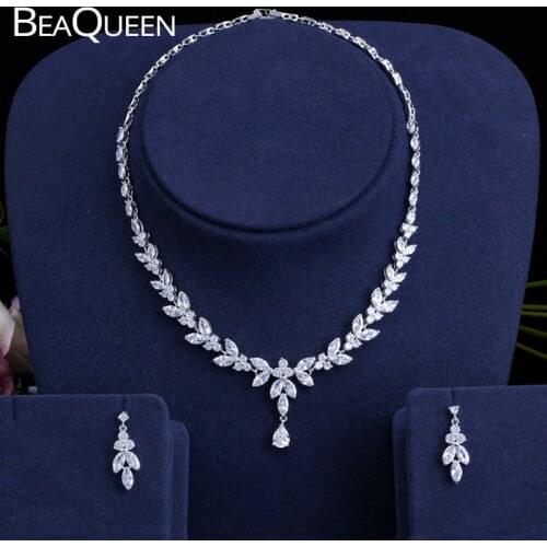 BeaQueen Elegant Clear Cubic Zirconia Marquise Leaf Drop Bridal Earrings Necklace Costume Jewelry Sets for Wedding JS166