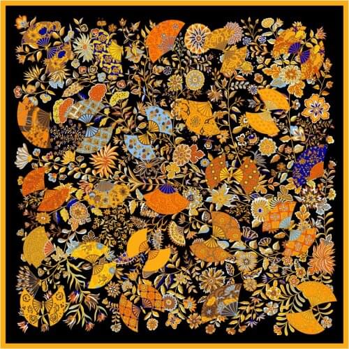 POBING Twill Silk Scarf Women Shawls Fan Leaves Print Stoles Bandana Kerchief Hijab Square Scarves Wraps Silk Foulards 130CM