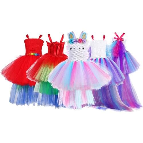 Rainbow Cake Girls Unicorn Dress Long Tail Train Dress Baby Girl Princess Birthday Party Ball Gown Kids Horse Clothes Hairband