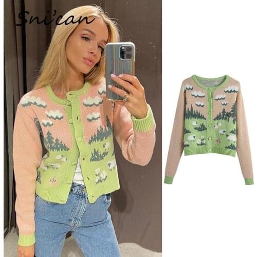 Animal Sheeps Knitted Cardigan Femme Chandails Za 2021 Women V Neck Long Sleeve Autumn Winter Fashion Sweater Cropped Tops New