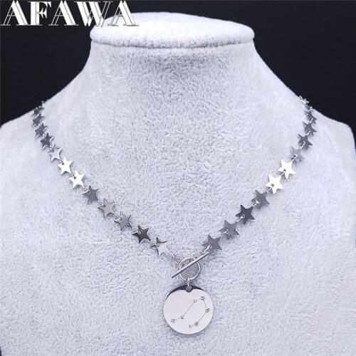 Libra Crystal Stainless Steel Charm Necklaces for Women Silver Color Star Necklaces Astrology Jewelry bijoux acier NH127S01