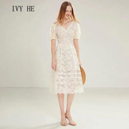 IVY HE High Quality Summer Dress Woman Clothing Elegant Fashion Lace Midi Long Dress Traf Robe ZA Vintage Holiday Party Dresses