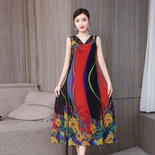 Women Summer Casual Loose Sexy Sleeveless Print A-line Party Dress Fashion Elegant Office Lady O-neck Two Piece Set Dress