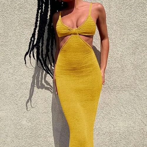 Women Summer Spaghetti Strap Knitted Bodycon Maxi Dress Sexy V-Neck Knot Front Cutout High Waist Backless Beach Sundress