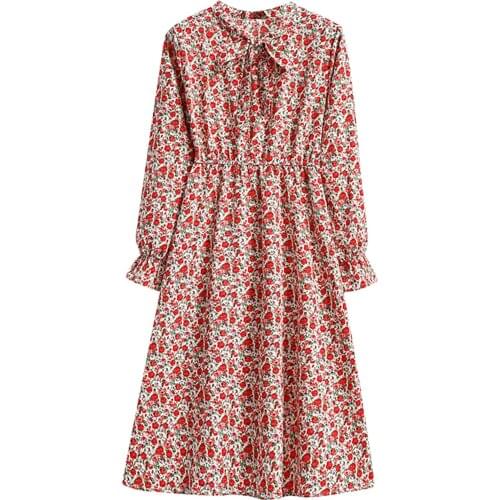 Womens Vintage Casual Floral Prints Long Dress Autumn Winter Elegant Temperament Office Lady Dresses Long Sleeve A-line Dress