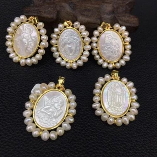 10pcs Natural Sacred Heart & Virgin Guadalupe & Cupid Mother Pearl Pendant Aparecida Mother Shell Gold &Pearl Beads for Necklace