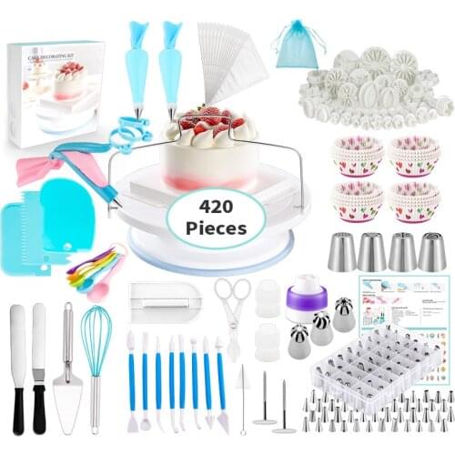 420pcs Cake Turntable Cake Decorating Tools Kit Rotary Table Baking Tool Piping Nozzle Piping Bag Set Baking Supplies Sets