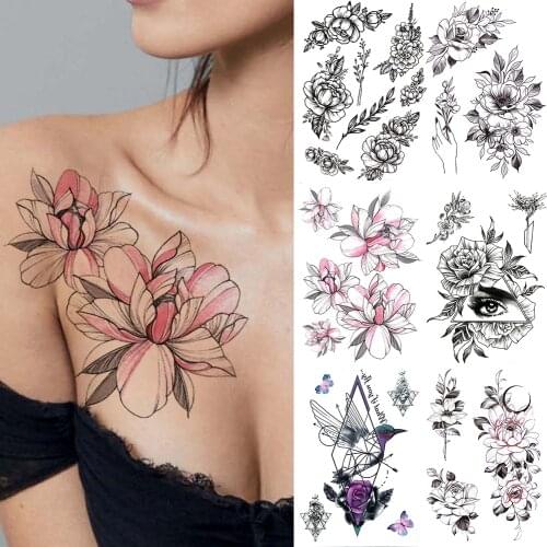 Watercolor Flower Dahlia Temporary Tattoos For Women Realistic Geometric Hummingbird Eye Fake Tattoo Sticker Chest Back Tatoos