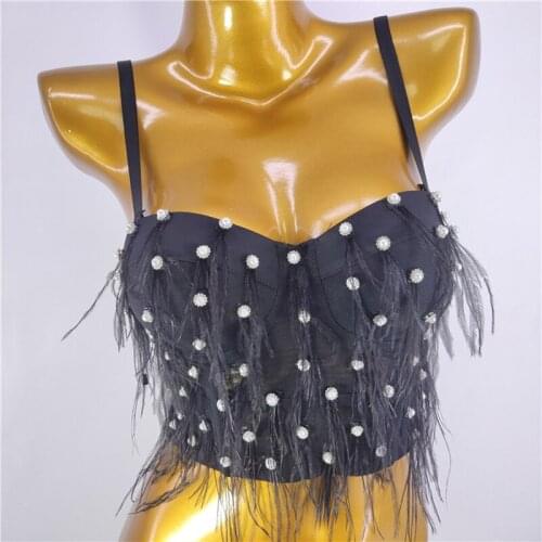 Cupnaya Feather Tassel Women Spaghatti Strap Crop Top Pearls Rivets Summer Ladies Sexy Bustier Club Dance Bralette Black White