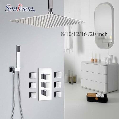 Senlesen Chrome Thermostatic Shower Set Rainfall Shower Head ABS Hand Shower Sprayer